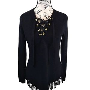 INC International Concepts Black Fringe‎ Trim Lace Up Sweater Size S